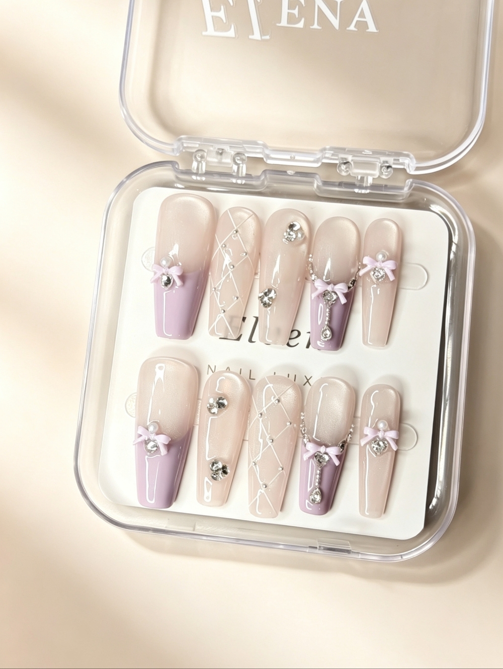 Elegant Pink and Purple Long Coffin Handmade Press-On Nails